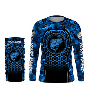 Bass Fishing blue camouflage sun protection Custom name long sleeves fishing shirt for men, women, Kid NQS4253