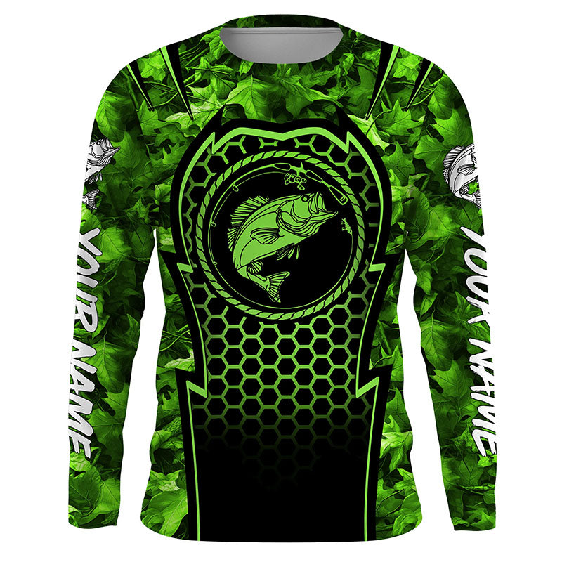 Bass Fishing green camouflage sun protection Custom name long sleeve fishing shirt for men, women, Kid NQS4254