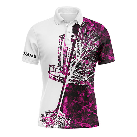 Mens disc golf polo shirt custom name pink camo disc golf basket, personalized disc golf shirts NQS4632