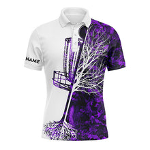 Load image into Gallery viewer, Mens disc golf polo shirt custom purple camo disc golf basket, personalized disc golf shirts NQS4632