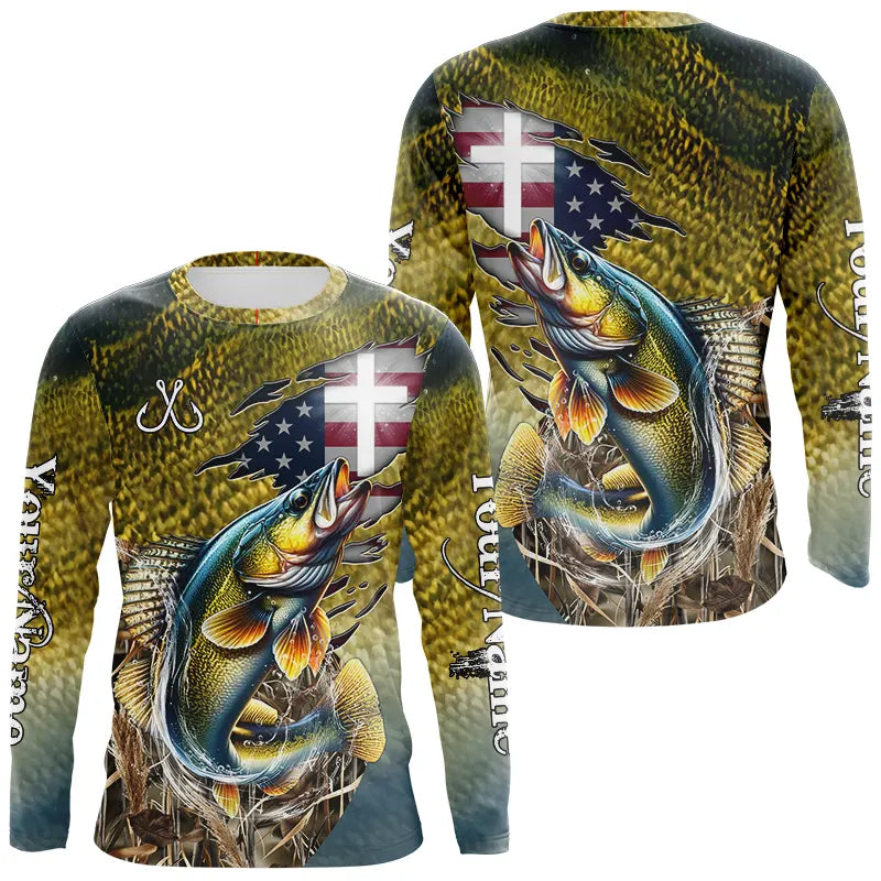 Walleye Fishing Scales Camo American Flag Faith patriotic Custom UV protection long sleeves shirts NQS9310