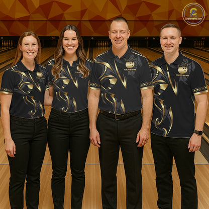 Black and Gold Dragon Bowling ball Polo, Quarter Zip Shirts for Men Custom Bowling Team jerseys NQS11579