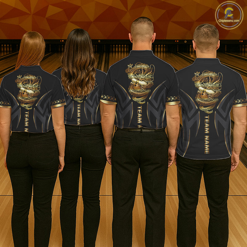 Black and Gold Dragon Bowling ball Polo, Quarter Zip Shirts for Men Custom Bowling Team jerseys NQS11579