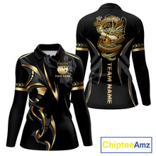 Load image into Gallery viewer, Black and Gold Dragon Bowling ball Polo, Quarter Zip Shirts for Women Custom Bowling Team jerseys NQS11579