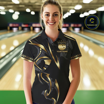 Black and Gold Dragon Bowling ball Polo, Quarter Zip Shirts for Women Custom Bowling Team jerseys NQS11579