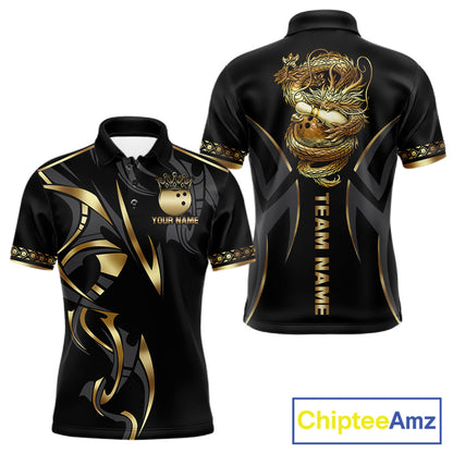 Black and Gold Dragon Bowling ball Polo, Quarter Zip Shirts for Men Custom Bowling Team jerseys NQS11579