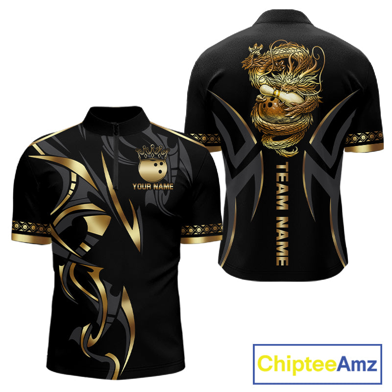 Black and Gold Dragon Bowling ball Polo, Quarter Zip Shirts for Men Custom Bowling Team jerseys NQS11579