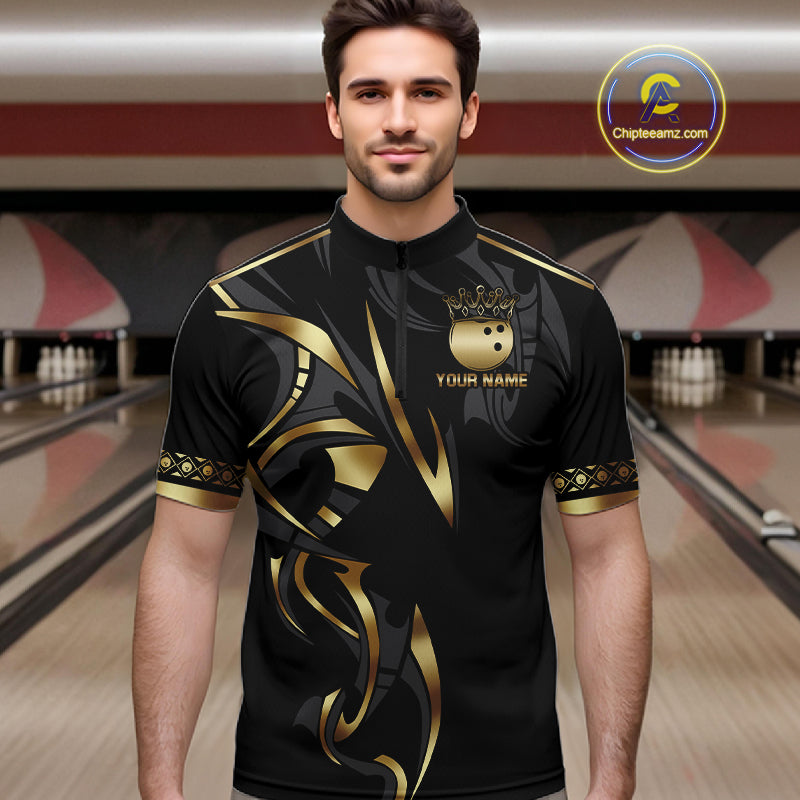 Black and Gold Dragon Bowling ball Polo, Quarter Zip Shirts for Men Custom Bowling Team jerseys NQS11579