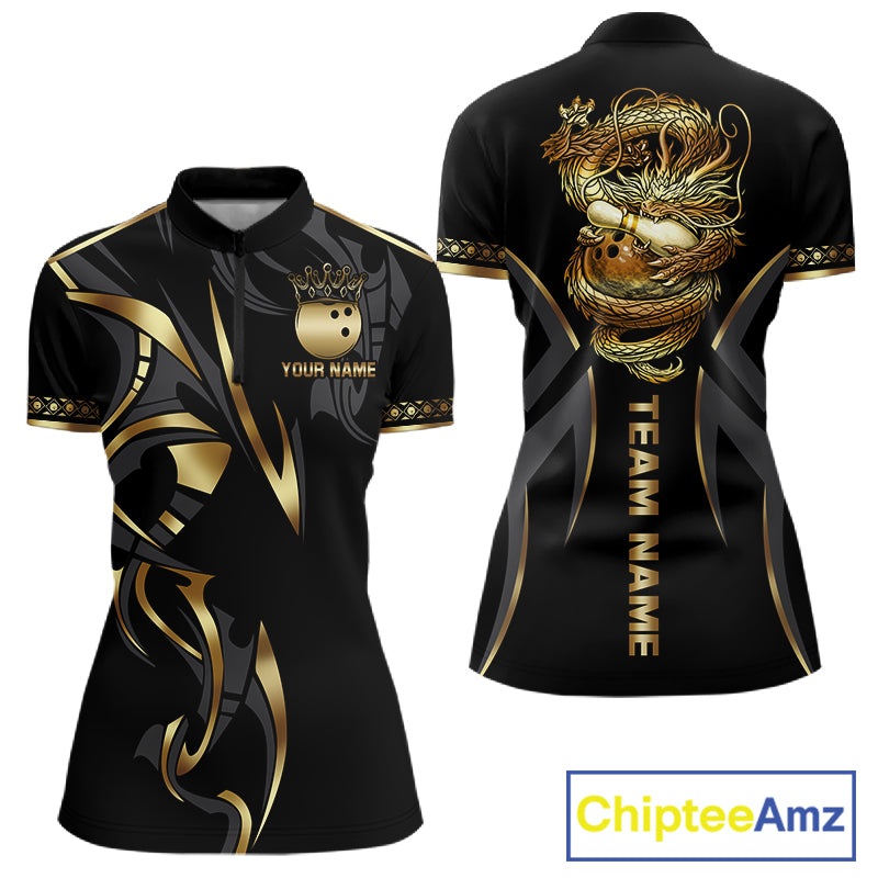 Black and Gold Dragon Bowling ball Polo, Quarter Zip Shirts for Women Custom Bowling Team jerseys NQS11579