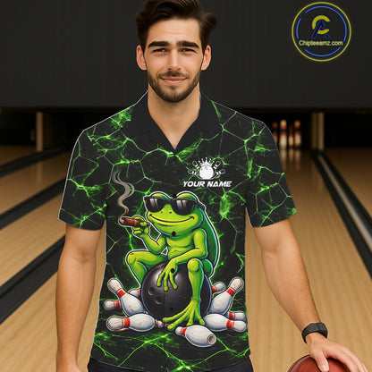 Black & Green Funny Frog Bowling Hawaiian Shirt Custom Team Frog Bowling League Jersey NQS11583