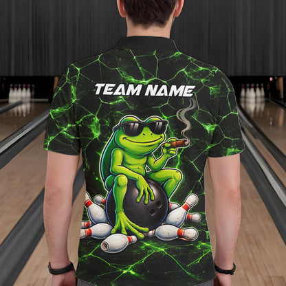 Black & Green Funny Frog Bowling Polo, 1/4 zip Shirts for Men Custom Team Frog Bowling League Jersey NQS11583