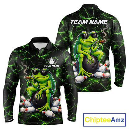 Black & Green Funny Frog Bowling Polo, 1/4 zip Shirts for Men Custom Team Frog Bowling League Jersey NQS11583