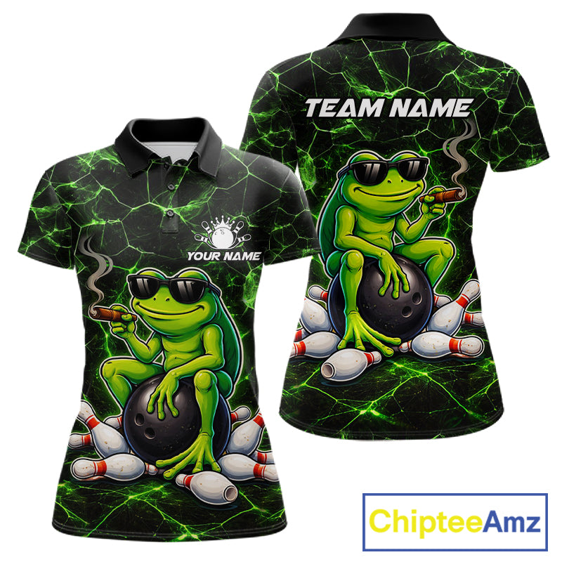 Black & Green Funny Frog Bowling Polo, 1/4 zip Shirt for Women Custom Team Frog Bowling League Jersey NQS11583