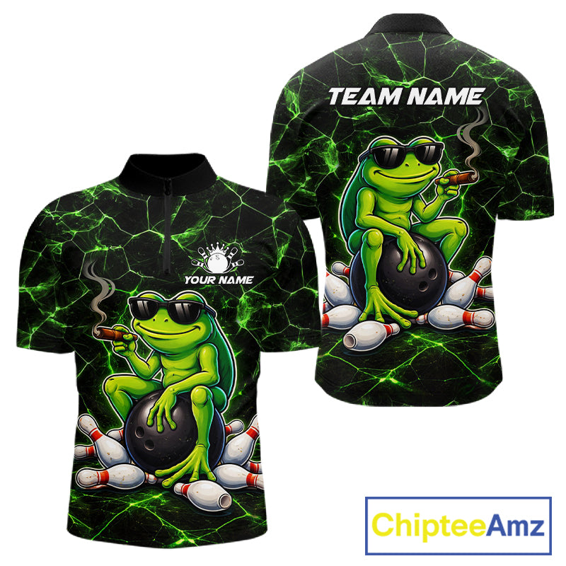Black & Green Funny Frog Bowling Polo, 1/4 zip Shirts for Men Custom Team Frog Bowling League Jersey NQS11583