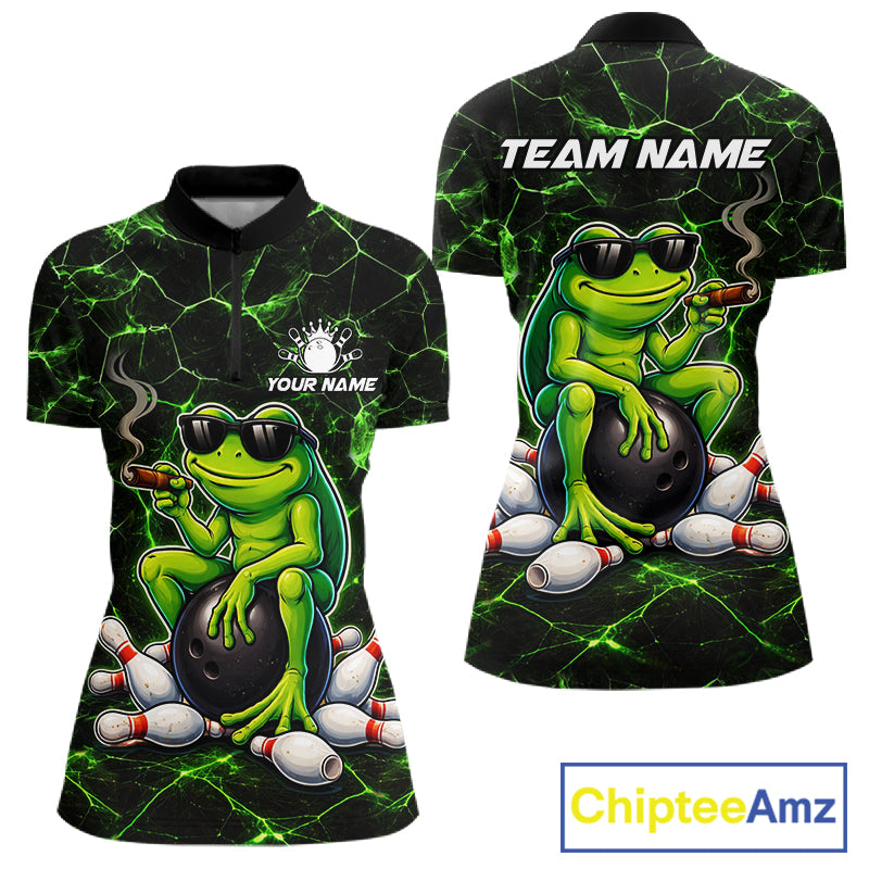 Black & Green Funny Frog Bowling Polo, 1/4 zip Shirt for Women Custom Team Frog Bowling League Jersey NQS11583