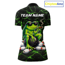 Load image into Gallery viewer, Black &amp; Green Funny Frog Bowling Polo, 1/4 zip Shirt for Women Custom Team Frog Bowling League Jersey NQS11583