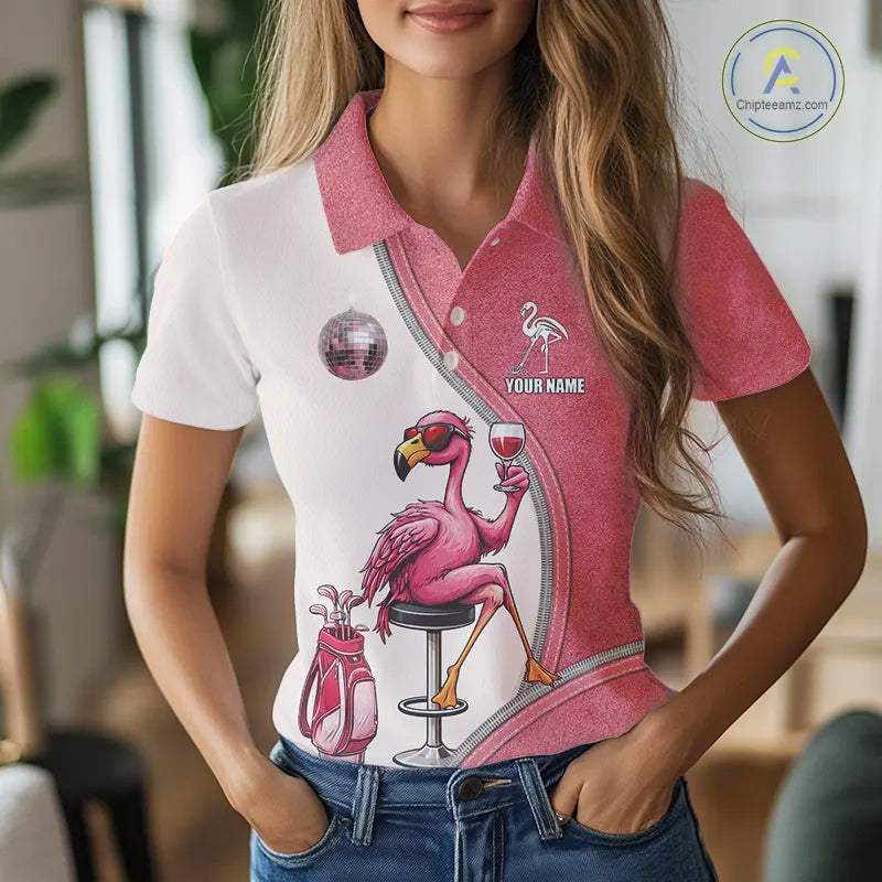 Custom Funny Pink Flamingo Drink Wine Golf Polo Shirts For Women, Flamingo Ladies Golf tops NQS11711