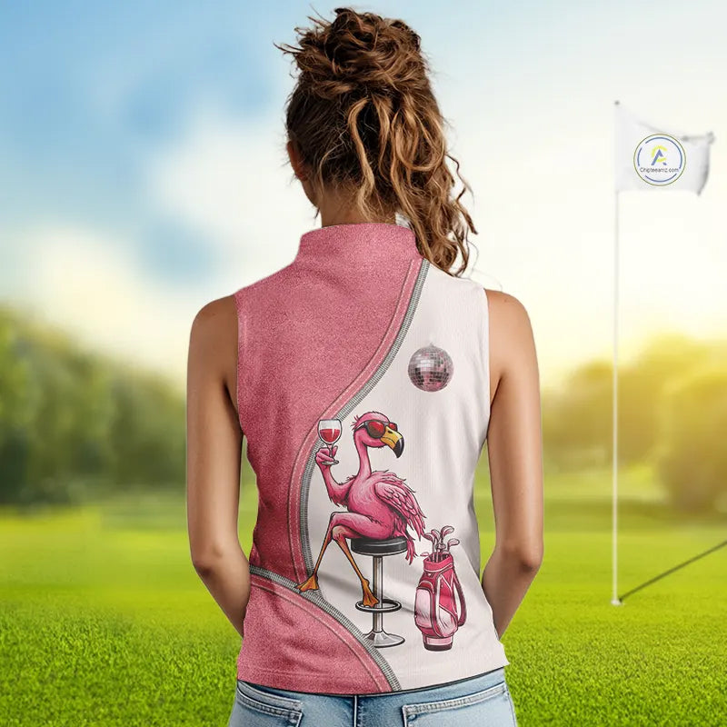 Custom Funny Pink Flamingo Drink Wine Women Sleeveless Golf Polo Shirts, Flamingo Ladies Golf tops NQS11711