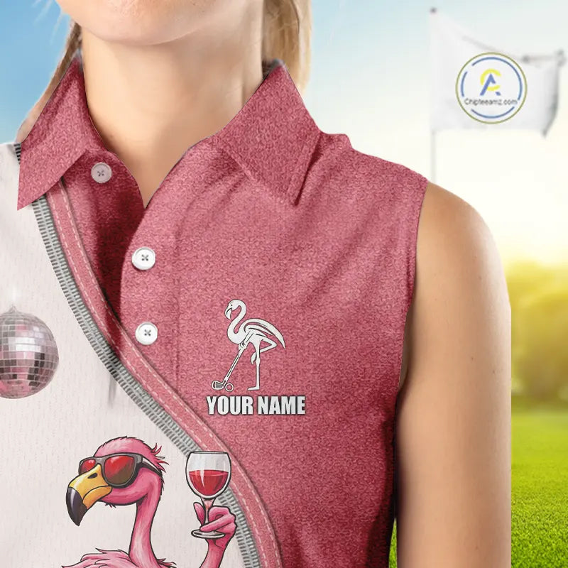 Custom Funny Pink Flamingo Drink Wine Women Sleeveless Golf Polo Shirts, Flamingo Ladies Golf tops NQS11711