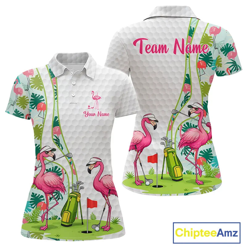 Funny Pink Flamingo Golf polo shirt for Women custom tropical monstera leaf pattern golf shirts NQS11713