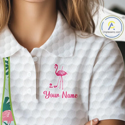 Funny Pink Flamingo Golf polo shirt for Women custom tropical monstera leaf pattern golf shirts NQS11713