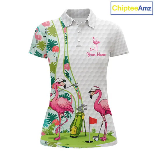 Funny Pink Flamingo Golf polo shirt for Women custom tropical monstera leaf pattern golf shirts NQS11713