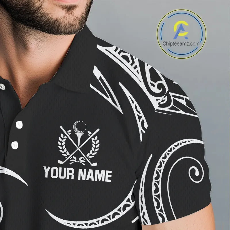Black and White Tribal Pattern Golf Ball Mens Golf Polo Shirts custom unique mens golf apparel NQS9821
