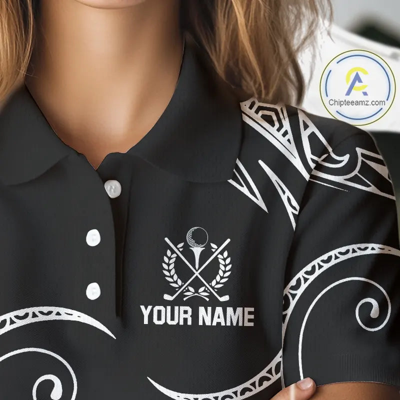Black and White Tribal Pattern Golf Ball Women Golf Polo Shirts custom unique ladies golf apparel NQS9821