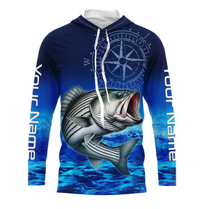 Personalized Striped bass Blue Long Sleeve Performance Fishing Shirt, compass striper tournament Shirt NQS5852