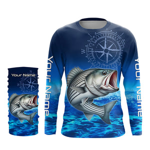 Personalized Striped bass Blue Long Sleeve Performance Fishing Shirt, compass striper tournament Shirt NQS5852