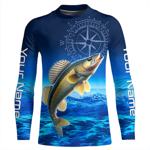 Personalized Walleye Blue Long Sleeve Performance Fishing Shirt, compass Walleye tournament Shirt NQS5853