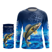 Load image into Gallery viewer, Personalized Walleye Blue Long Sleeve Performance Fishing Shirt, compass Walleye tournament Shirt NQS5853