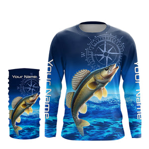 Personalized Walleye Blue Long Sleeve Performance Fishing Shirt, compass Walleye tournament Shirt NQS5853