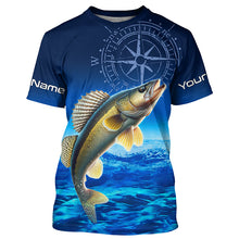 Load image into Gallery viewer, Personalized Walleye Blue Long Sleeve Performance Fishing Shirt, compass Walleye tournament Shirt NQS5853