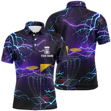 Load image into Gallery viewer, Mens disc golf polo shirts custom purple lightning disc golf basket disco golf outfit NQS6064