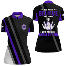 Load image into Gallery viewer, Purple &amp; black Women bowling shirts Custom you won&#39;t believe what I can do with 2 fingers and a thumb NQS8839