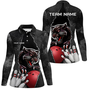 Black grunge pattern Custom Women Bowling Polo, Quarter Zip Shirt Panther Bowling Team Jerseys Outfits NQS8842