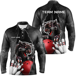 Black grunge pattern Custom Men Bowling Polo, Quarter Zip Shirt Panther Bowling Team Jerseys Outfits NQS8842