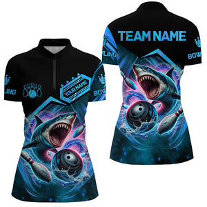 Personalized Black and Blue Angry Shark Bowling shirt for Women Custom Team's Name Bowler Jersey NQS8845