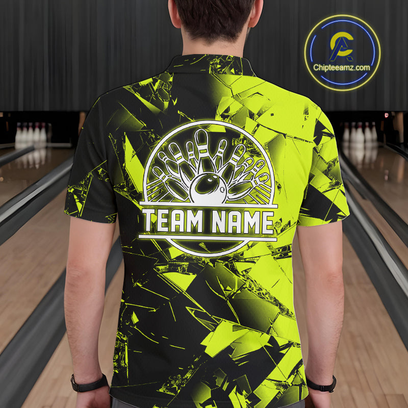 Custom Broken Glass Black and Green Neon Bowling Shirts For Men, Bowling Team League Jerseys NQS11174