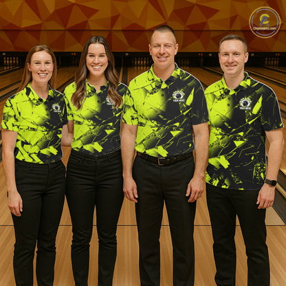 Custom Broken Glass Black and Green Neon Bowling Shirts For Men, Bowling Team League Jerseys NQS11174