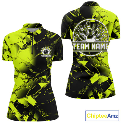 Custom Broken Glass Black and Green Neon Bowling Shirts For Women, Bowling Team League Jerseys NQS11174