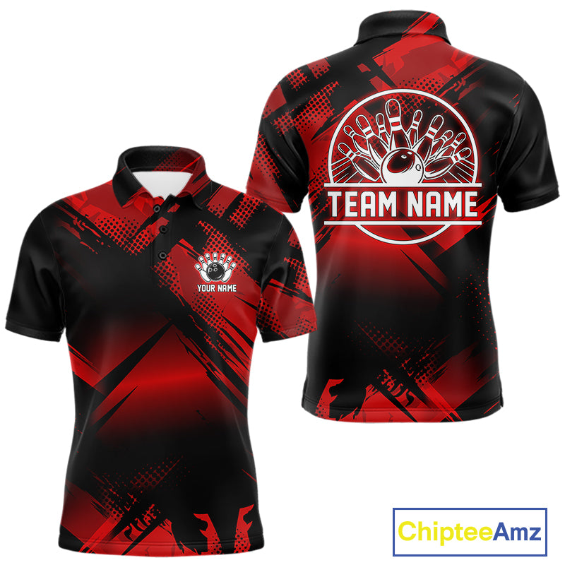 Black and Red Camo Bowling Polo, 1/4 zip Shirts For Men Custom Bowling Team League Jerseys NQS11175