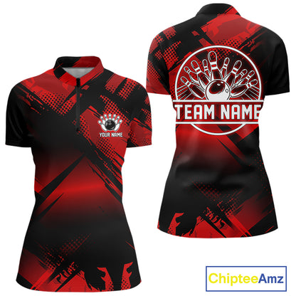 Black and Red Camo Bowling Polo, 1/4 zip Shirts For Women Custom Bowling Team League Jerseys NQS11175