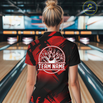 Black and Red Camo Bowling Polo, 1/4 zip Shirts For Women Custom Bowling Team League Jerseys NQS11175