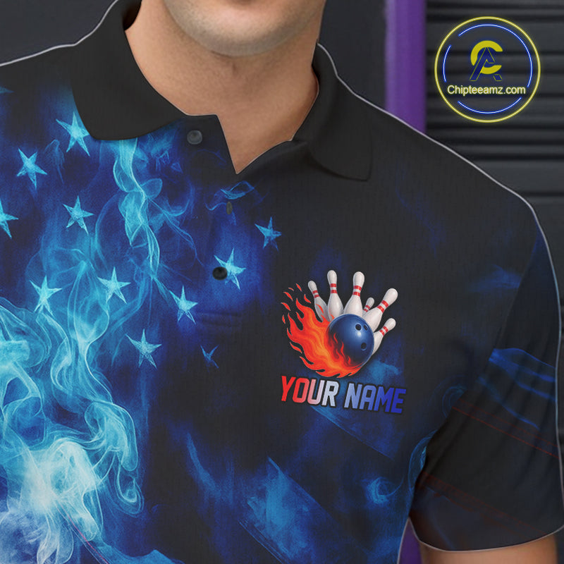 Smoke American Flag Eagle Bowling Shirts For Men Custom patriotic Bowling Team Polo, 1/4 zip Jerseys NQS11179