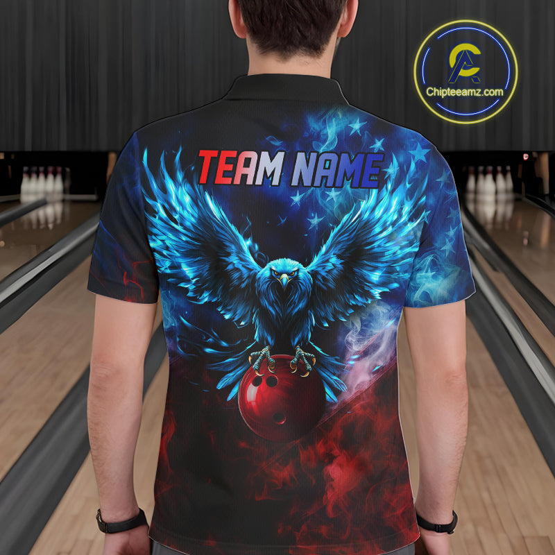 Smoke American Flag Eagle Bowling Shirts For Men Custom patriotic Bowling Team Polo, 1/4 zip Jerseys NQS11179