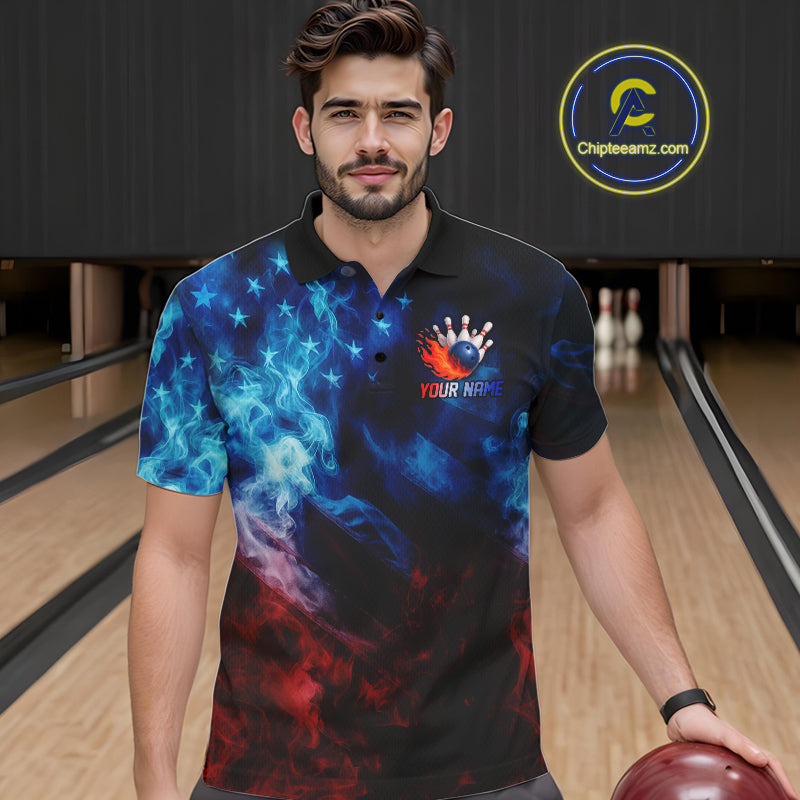 Smoke American Flag Eagle Bowling Shirts For Men Custom patriotic Bowling Team Polo, 1/4 zip Jerseys NQS11179