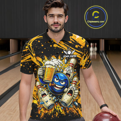 Black and Yellow Funny Bowling and Beer Custom Bowling Shirts For Men, Bowling Team League jerseys NQS11587