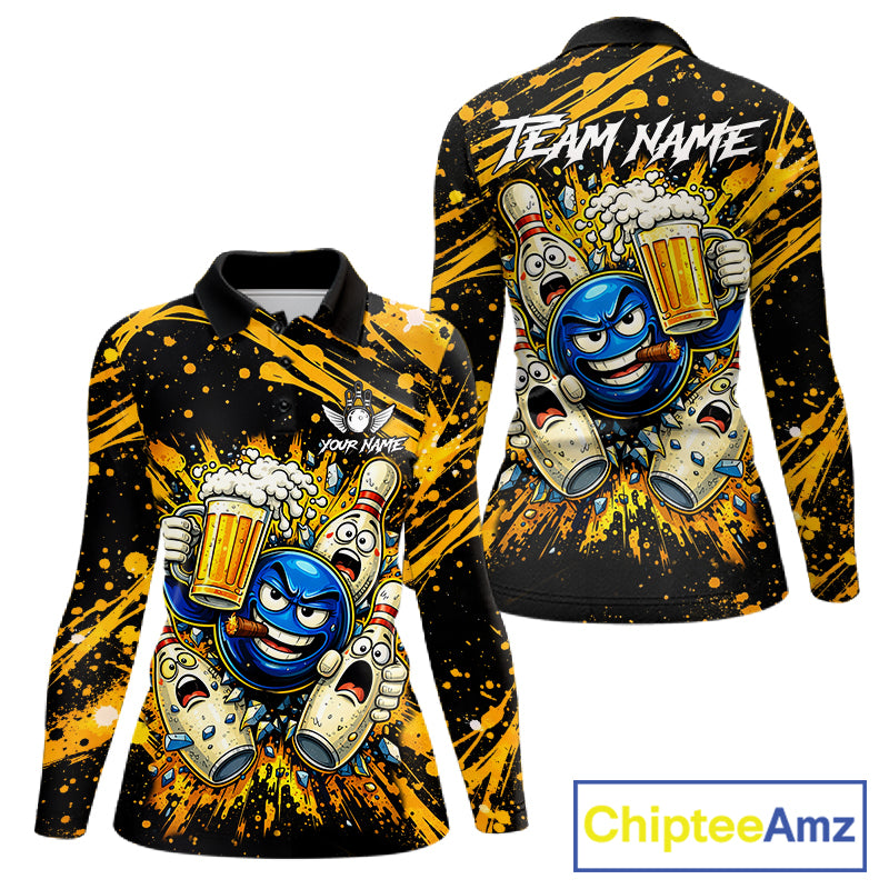 Black and Yellow Funny Bowling and Beer Custom Bowling Shirts For Women, Bowling Team League jerseys NQS11587
